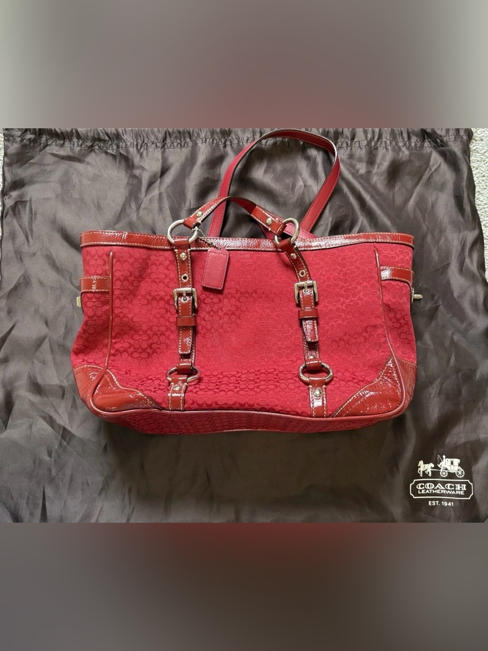 Coach Gallery Y2K Rare Cherry Red Signature Little “c” Monogram Medium Tote Bag - Picture 2 of 12